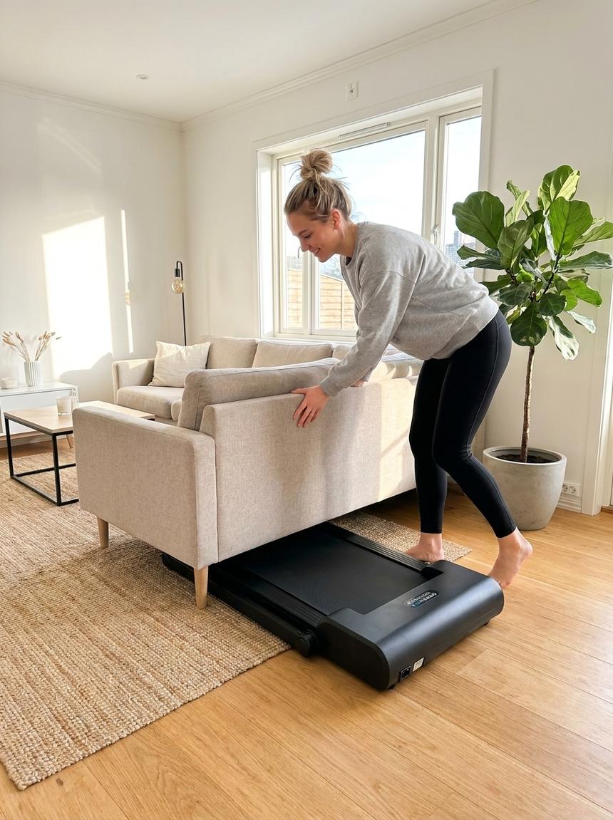 A compact treadmill doesn't have to claim a room, not even in a small apartment of just over fifty square metres.